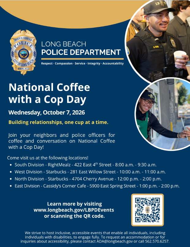 National Coffee with a Cop Day on Wednesday, Oct. 7 at RightMealz at 422 E. 4th St. at 8 AM.
