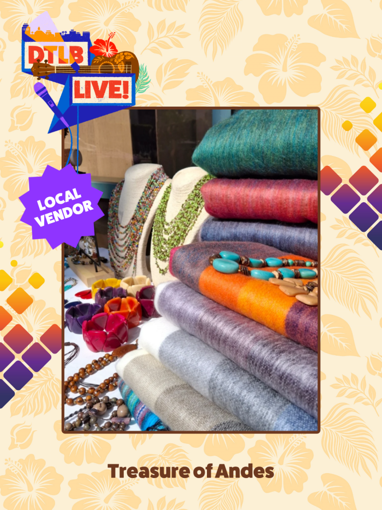 Colorful handmade textiles and beaded jewelry displayed at a local vendor stall, with a 'Local Vendor' badge and 'Treasure of Andes' theme backdrop.