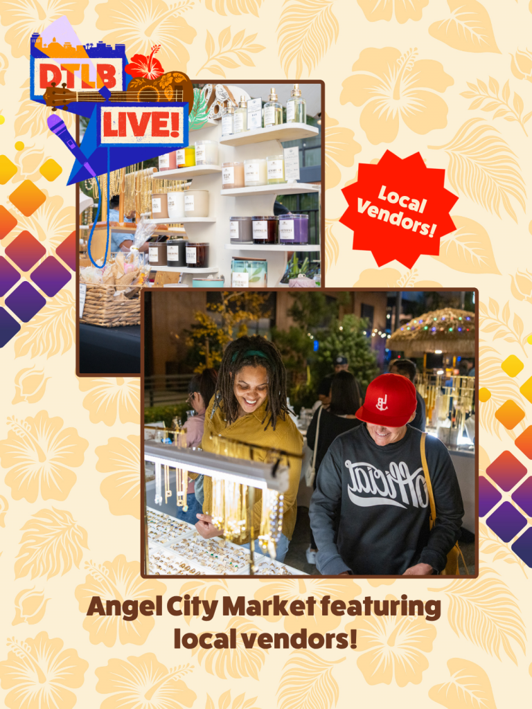 Promotional poster for Angel City Market featuring local vendors, with photos of market stalls and shoppers.