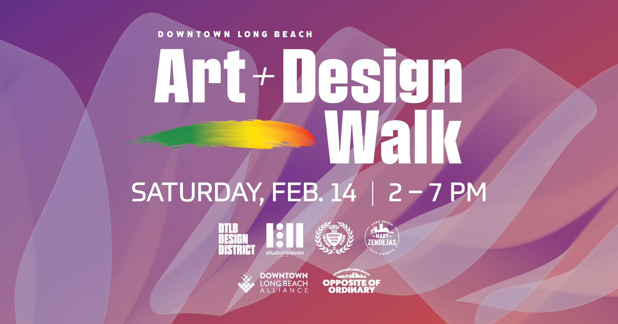This graphic has a purple and reddish background and is the main branding for February's DTLB Art + Design Walk on Saturday, Feb. 14. A brushstroke highlights the colors green, yellow, and red associated with Black History Month.