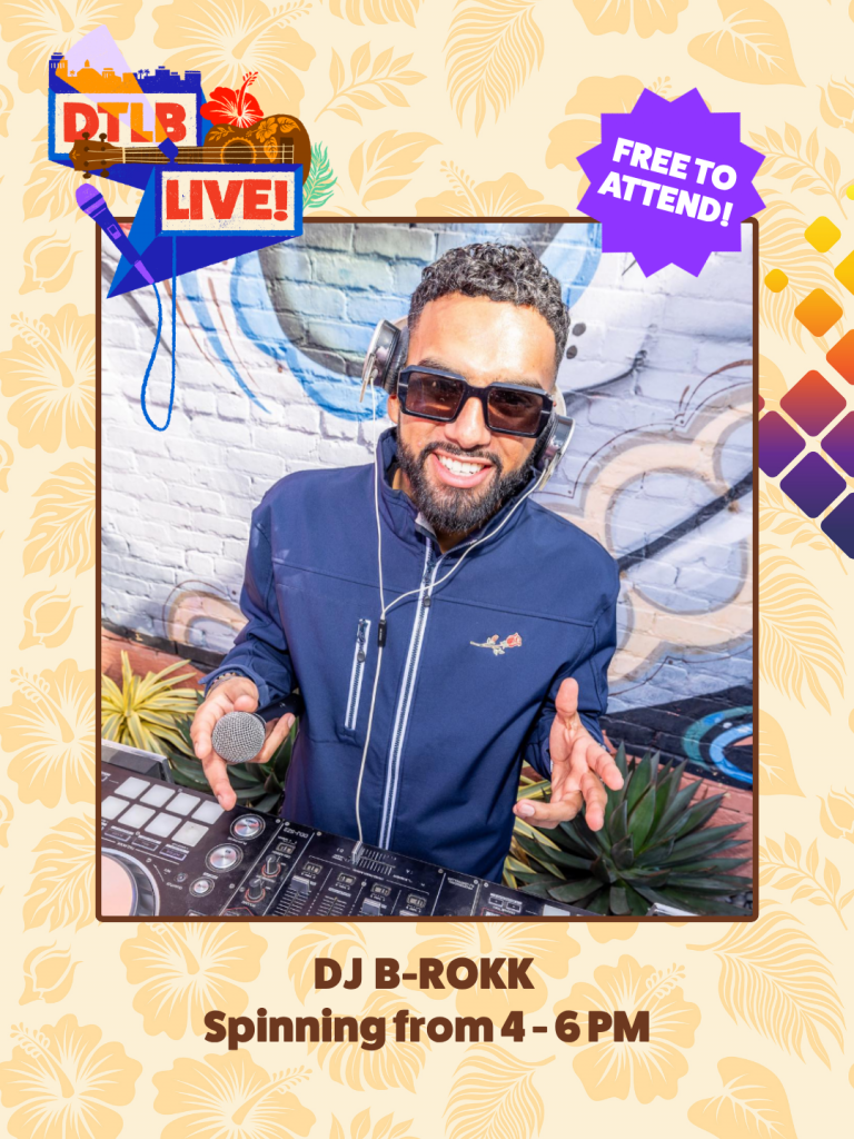 Promotional image of DJ B-BROKK spinning outdoors, wearing headphones and sunglasses, holding a microphone over a mixing deck; text reads 'DJ B-BROKK Spinning from 4–6 PM' and 'Free to attend'.