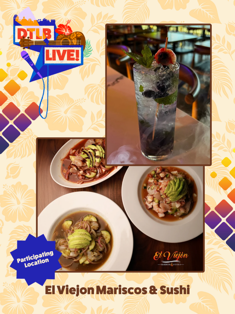 Poster-style collage for El Viejon Mariscos & Sushi showing a tall mojito-style drink with mint and berry garnish, and three bowls of seafood dishes on a wooden table, with a blue starburst labeled 'Participating Location' and the restaurant logo/text at the bottom.