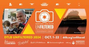 This graphic shows info for the DTLB Unfiltered photo competition for 2024, including collaborator logos for Arts Council for Long Beach and Happily Bearded After, the dates, Oct. 1-22, the URL, dtlb.org/unfiltered, and two photos from previous winners, a portrait of a mariachi musician playing the trumpet and a portrait of a person with the DTLB skyline in the background.