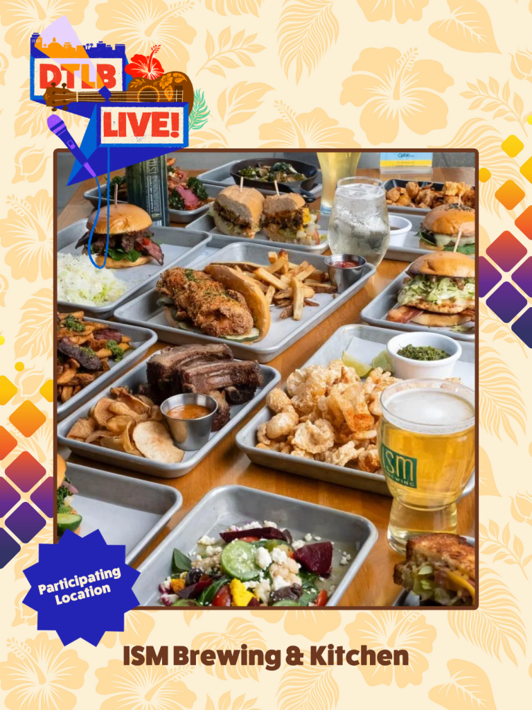 Assorted burgers, fried items, salad, and a beer on metal trays, promoting ISM Brewing & Kitchen event (Participating Location).