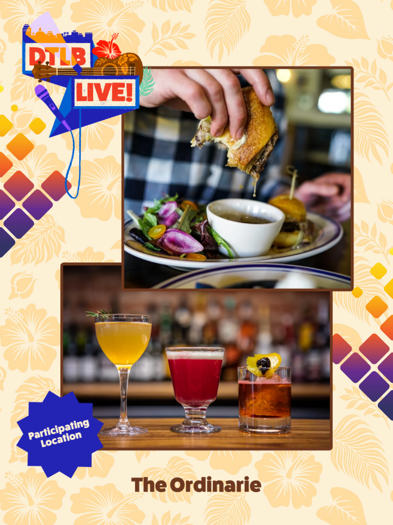DTLB Live event poster: top image shows a hand dipping a sandwich into sauce with a salad plate, bottom image shows three cocktails on a bar; includes a blue 'Participating Location' badge and 'The Ordinaryie' text at the bottom.