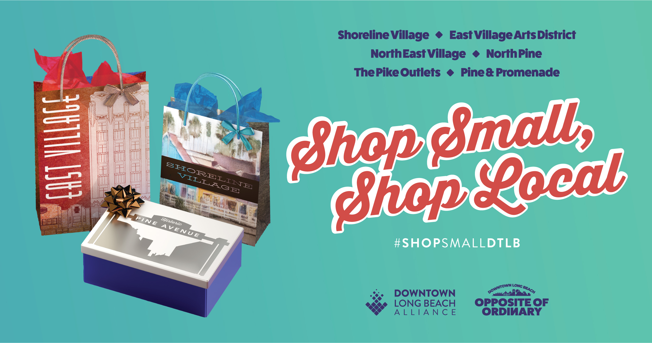 This graphic has a teal background with red, holiday-themed text that says "Shop Small, Shop Local," placed next to gifts wrapped to represent DTLB neighborhoods.
