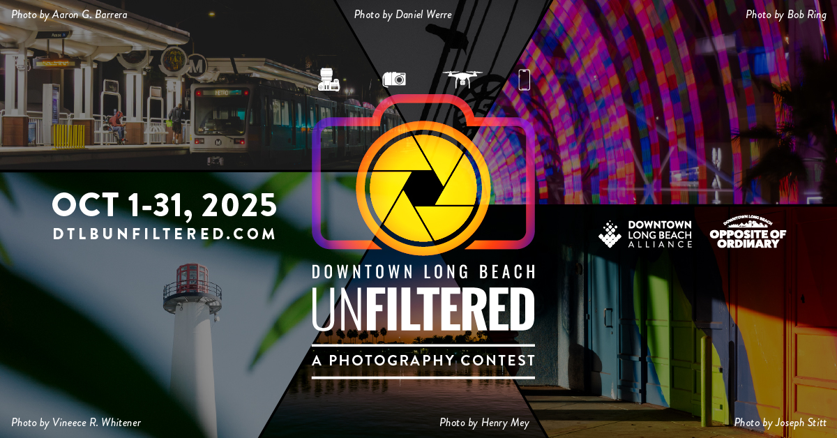 This is a graphic displaying details for the 2025 DTLB Unfiltered photo contest, which takes place Oct. 1 through 31, 2025. Several photos from past contests including Lion Lighthouse at Shoreline Aquatic Park, the Ferris wheel at the Pike Outlets ad other Downtown buildings make up the background. A camera symbol is in the center.