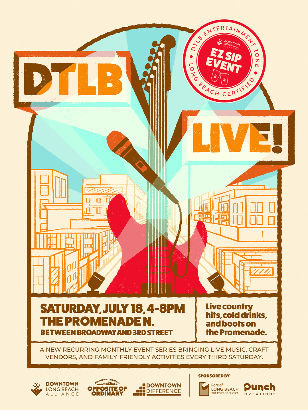 _P00558 DTLB LIVE! July_IG1080x1440 This is the official wordmark for DTLB Live! and shows the words DTLB and Live! set atop an electric guitar, mic, and DTLB skyline with a spotlight shining on the "DTLB".