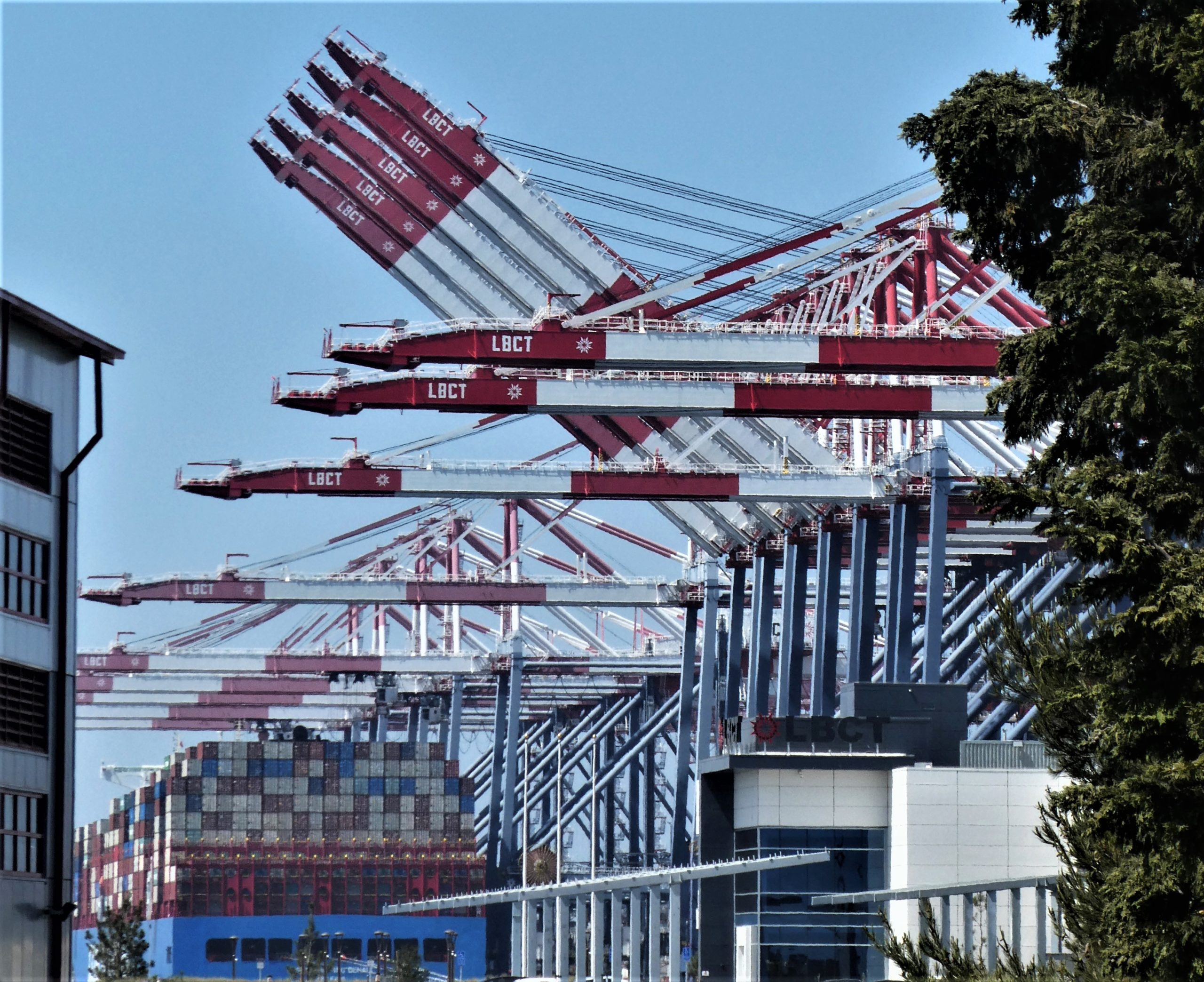 Massive cranes at a Long Beach Container Transit loading dock