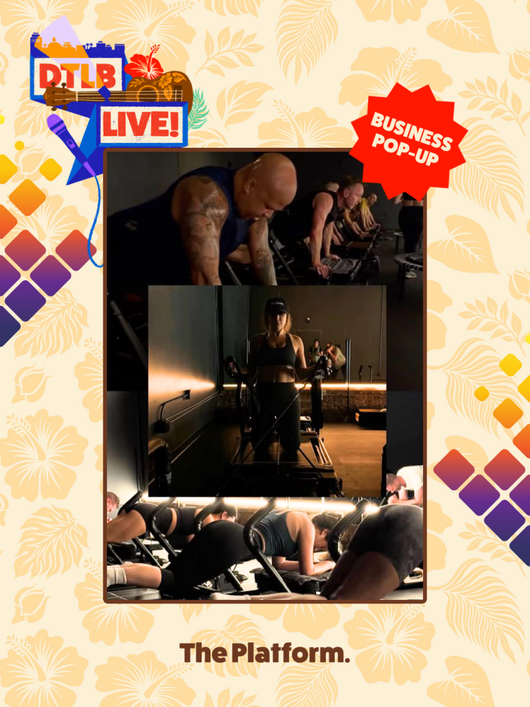 Promotional poster for DTLB Live: Business Pop-Up, showing people doing reformer Pilates in a studio.