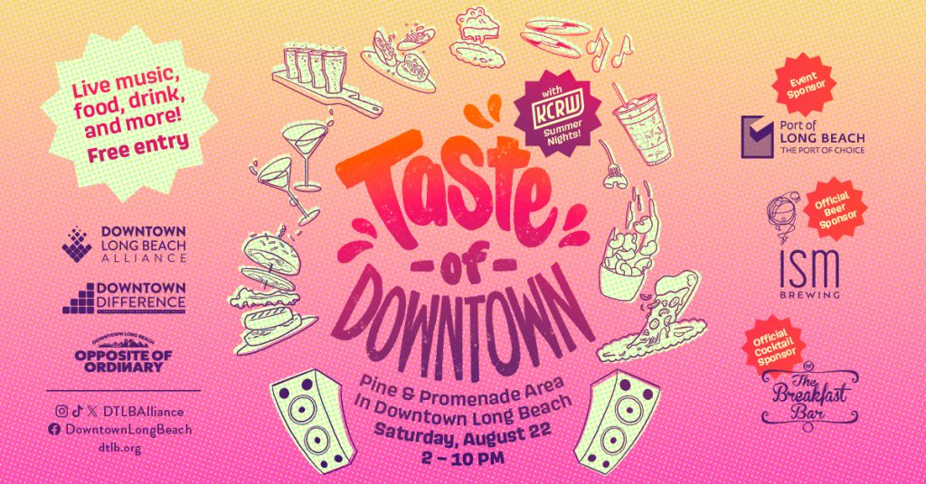 This graphic displays a summery color scheme with sunset colors and reads "Taste of Downtown, with KCRW Summer Nights" event details, Saturday, Aug. 22, 2 to 10 PM.