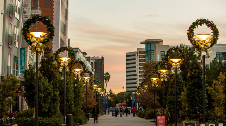 Photo of Downtown Long Beach decorated for the holidays