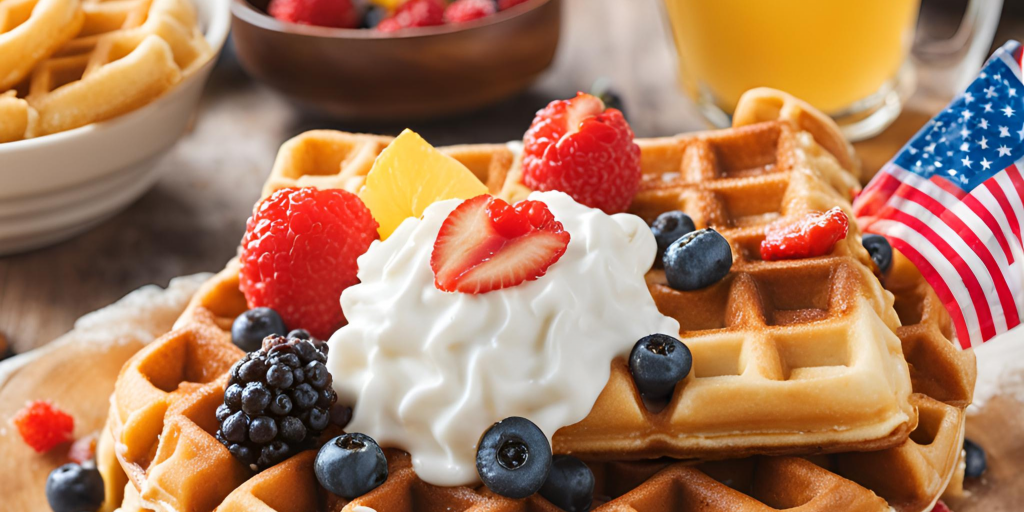 image of delicious waffles toppings orange juice and an American flag on a dinning table 